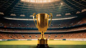 le champion or tasse, une symbole de triomphe, scintille dans le Football stade. génératif ai photo