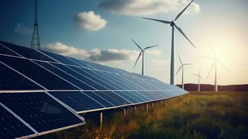 solaire panneaux et vent turbines générateur électricité dans Puissance station vert énergie renouvelable, génératif ai photo
