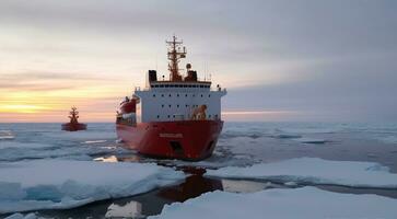 recherche navire dans Antarctique explorant le la glace feuille, génératif ai photo