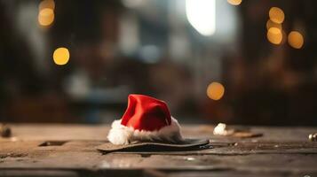 Père Noël claus chapeau permanent sur une foncé marron Contexte. avec espace pour texte. Noël. Nouveau an. génératif ai photo