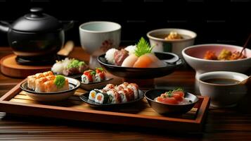 Japonais délices déchaîné, une tentant assortiment de les saveurs sur le restaurant tableau. génératif ai photo