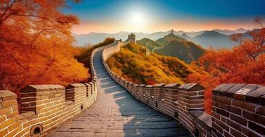 génial mur de Chine dans magnifique l'automne, génératif ai photo