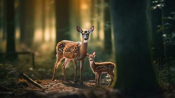 bébé cerf en marchant avec le mère dans le bois, génératif ai photo