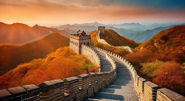 l'automne embrasser, le majestueux génial mur de Chine peint dans la nature vibrant teintes, génératif ai photo