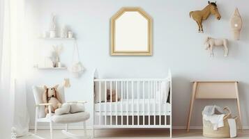 magnifique intérieur lit de bébé et garderie avec blanc et or accents, génératif ai photo