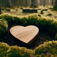 funéraire cœur la sympathie ou en bois funéraire cœur près une arbre. Naturel enterrement la tombe dans le forêt. cœur sur herbe ou mousse. arbre enterrement, cimetière et tout saints journée concepts génératif ai photo