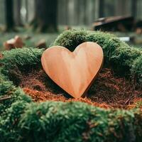 funéraire cœur la sympathie ou en bois funéraire cœur près une arbre. Naturel enterrement la tombe dans le forêt. cœur sur herbe ou mousse. arbre enterrement, cimetière et tout saints journée concepts génératif ai photo