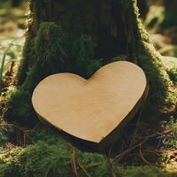 funéraire cœur la sympathie ou en bois funéraire cœur près une arbre. Naturel enterrement la tombe dans le forêt. cœur sur herbe ou mousse. arbre enterrement, cimetière et tout saints journée concepts génératif ai photo