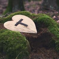 funéraire cœur la sympathie ou en bois funéraire cœur près une arbre. Naturel enterrement la tombe dans le forêt. cœur sur herbe ou mousse. arbre enterrement, cimetière et tout saints journée concepts génératif ai photo