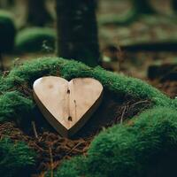 funéraire cœur la sympathie ou en bois funéraire cœur près une arbre. Naturel enterrement la tombe dans le forêt. cœur sur herbe ou mousse. arbre enterrement, cimetière et tout saints journée concepts génératif ai photo