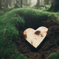 funéraire cœur la sympathie ou en bois funéraire cœur près une arbre. Naturel enterrement la tombe dans le forêt. cœur sur herbe ou mousse. arbre enterrement, cimetière et tout saints journée concepts génératif ai photo