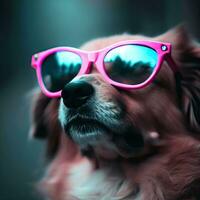 une chien portant rose des lunettes avec rose des lunettes génératif ai photo