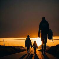 une homme et une enfant marcher vers le bas une chemin avec le Soleil derrière leur génératif ai photo