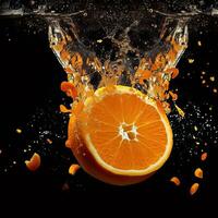 une éclaboussure de l'eau avec deux des oranges et un Orange étant éclaboussé avec l'eau génératif ai photo