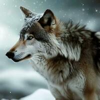 une Loup est permanent dans le neige avec neige sur le sol génératif ai photo