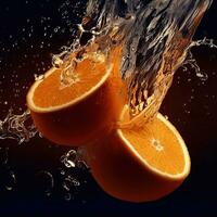 des oranges sont étant éclaboussé avec l'eau et le éclaboussure est chute dans le l'eau génératif ai photo