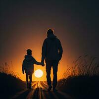 une homme et une enfant marcher vers le bas une chemin avec le Soleil derrière leur génératif ai photo