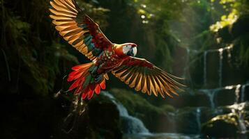 rouge perroquet dans le forêt. lam que rivière. ara perroquet en volant dans foncé vert végétaux, rouge perroquet dans le forêt. photo