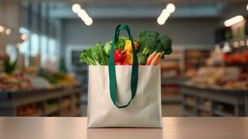 achats Sacs avec Frais légumes, respectueux de la nature nourriture sur une en bois table avec flou supermarché allées dans le Contexte. photo