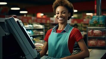 magnifique souriant la caissière travail à épicerie magasin,caissier photo