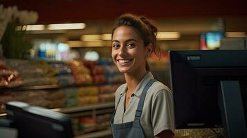 magnifique souriant la caissière travail à épicerie magasin,caissier photo