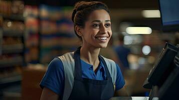 magnifique souriant la caissière travail à épicerie magasin,caissier photo