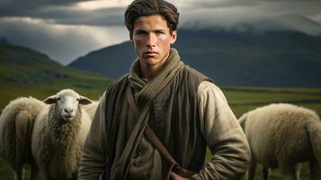 Beau Jeune homme dans le Prairie avec bétail berger travail sur cultiver. Extérieur. éco pâturage. agriculture concept photo