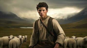 Beau Jeune homme dans le Prairie avec bétail berger travail sur cultiver. Extérieur. éco pâturage. agriculture concept photo