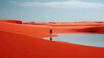 touristes en marchant sur désert le sable dunes avec rouge rivière aérien vue à coucher de soleil, généré avec ai photo