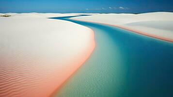 touristes en marchant sur désert le sable dunes avec rouge rivière aérien vue à coucher de soleil, généré avec ai photo