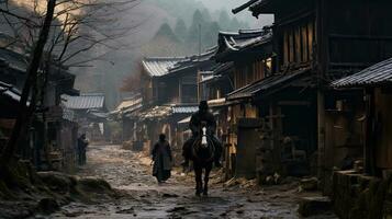 une samouraï des stands dans le ruelle de un vieux maison dans le kicho vallée à nuit.générée avec ai photo