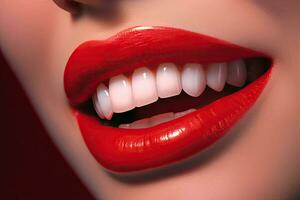 femme souriant fermer souriant, magnifique les dents contre abstrait fond, dents blanchiment. dentaire clinique patient photo