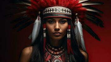 magnifique rouge Indien femme avec grand américain Indien plume Contexte photo