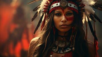 magnifique rouge Indien femme avec grand américain Indien plume Contexte photo