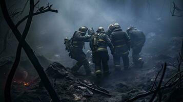 fermer de sapeurs pompiers portant masques. bats toi feux de forêt comme climat changement et global chauffage conduire incendies les tendances autour le monde photo