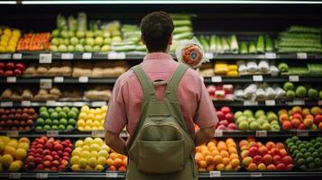 Jeune homme achats, en mettant fruit dans paniers dans une grand moderne supermarché à acheter aliments. photo