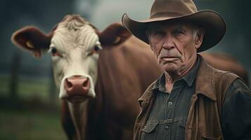 mature Masculin agriculteur sourit fièrement dans caméra à le sien travail sur une rural ferme avec vaches. photo