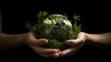 main en portant une globe balle, croissance des arbres et vert la nature flou Contexte. écologique concept l'amour le environnement photo