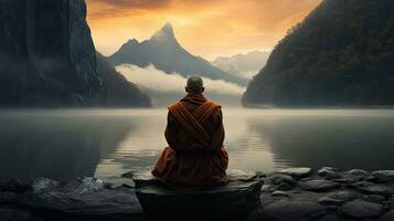 les moines dans méditation Tibétain moine de derrière séance sur une Roche près le l'eau parmi brumeux montagnes photo