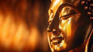 image de une tête d'or souriant en train de dormir Bouddha visage sur une noir Contexte. photo