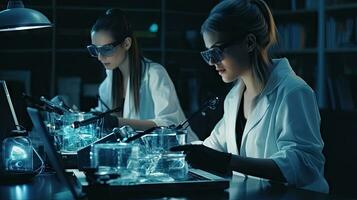 deux femelle scientifiques sont en utilisant ordinateurs portables dans le laboratoire. photo