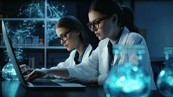deux femelle scientifiques sont en utilisant ordinateurs portables dans le laboratoire. photo
