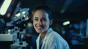 intelligent magnifique femme travail dans une laboratoire utilisation laboratoire équipement, conduite expériences, étude tester échantillons. content femelle scientifique à la recherche à caméra photo