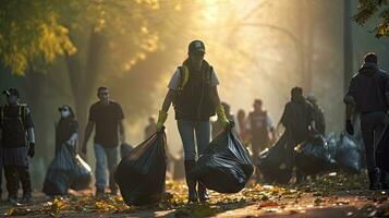 bénévole équipe avec des ordures Sacs nettoyage le parc, les cochons, bénévole équipe aime le environnement photo