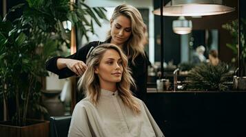 beauté salon, femelle coiffeur Faire coiffure pour Jeune femme, brunette modèle dans cheveux salon photo