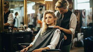 beauté salon, femelle coiffeur Faire coiffure pour Jeune femme, brunette modèle dans cheveux salon photo