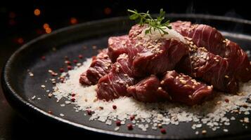 Japonais du boeuf sur afficher, fermer de vieilli à sec et grillé wagyu du boeuf steak sur une rustique en bois Coupe planche. photo