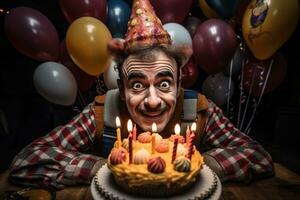 coloré pitre illustration de une content pitre en jouant avec des ballons à une enfants anniversaire faire la fête. photo