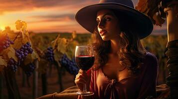 magnifique fille gorgées rouge du vin dans une vignoble à le coucher du soleil , français rouge du vin photo