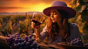 magnifique fille gorgées rouge du vin dans une vignoble à le coucher du soleil , français rouge du vin photo